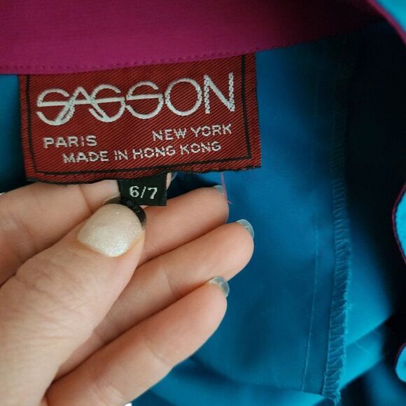 Sasson Vintage 80s Long Sleeve Sleek Dress Womens Size 6 Teal Blue High Neck - Picture 7 of 7